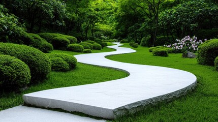 Serpentine Garden Path, Lush Green Landscape, Tranquil Setting, Peaceful Walk, Nature Photography