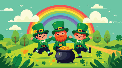Obraz premium Three cheerful leprechauns dressed in traditional green outfits with tall hats, dancing around a pot of gold at the end of a rainbow. Include shamrocks and a vibrant countryside background 