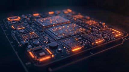 Circuit board with glowing elements showing advanced technology and design at night