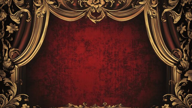 Ornate golden baroque stage curtain with red background for decorative luxury Elegant royal design vintage style concept.