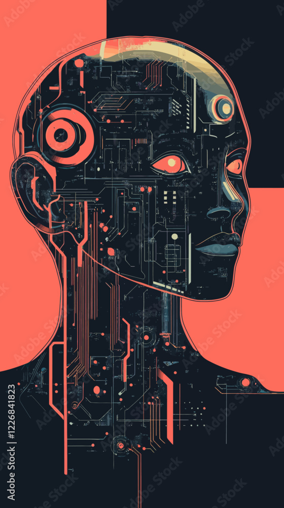 Aufkleber futuristic human-like ai technology vector with complex circuit design in minimalist style