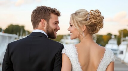 Couple's romantic harbor wedding portrait, sunset backdrop