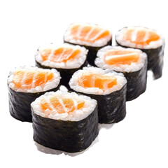 Isolated Tray of Fresh Salmon Sushi Rolls