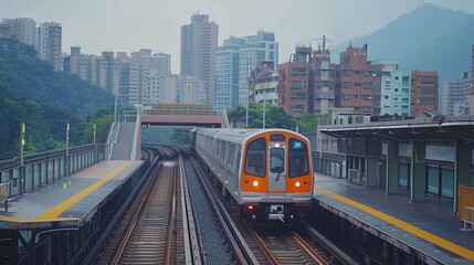 Naklejka premium Metro Train Approaching City Station Amidst Buildings
