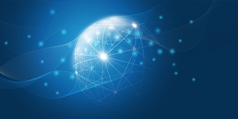 Abstract Dark Blue Minimal Style Futuristic Cloud Computing, Global Network Structure and Telecommunications Design Concept, Connections, Transparent Wavy Geometric Polygonal Mesh, Vector Illustration © bagotaj