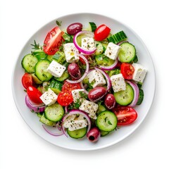 A crisp Greek salad with chopped cucumbers, Kalamata olives, feta cheese