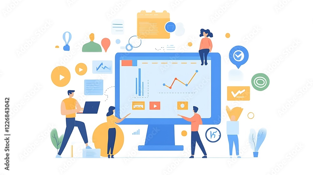 Poster illustrative image of a team collaborating on data analysis using a computer for shows business stra