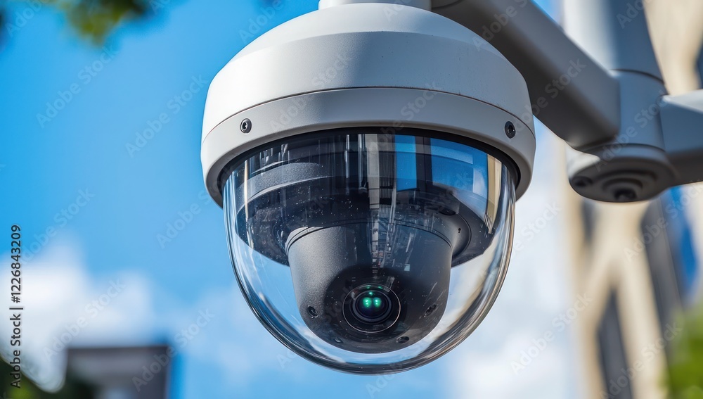Poster urban environment enhanced by high-tech surveillance systems, blending functionality with discretion