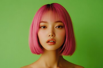 Young Woman With Pink Bob Hairstyle Against Green Background