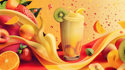 A 1970s smoothie bar poster with colorful fruit illustrations, bold curved fonts, and a vibrant orange-and-yellow gradient background.