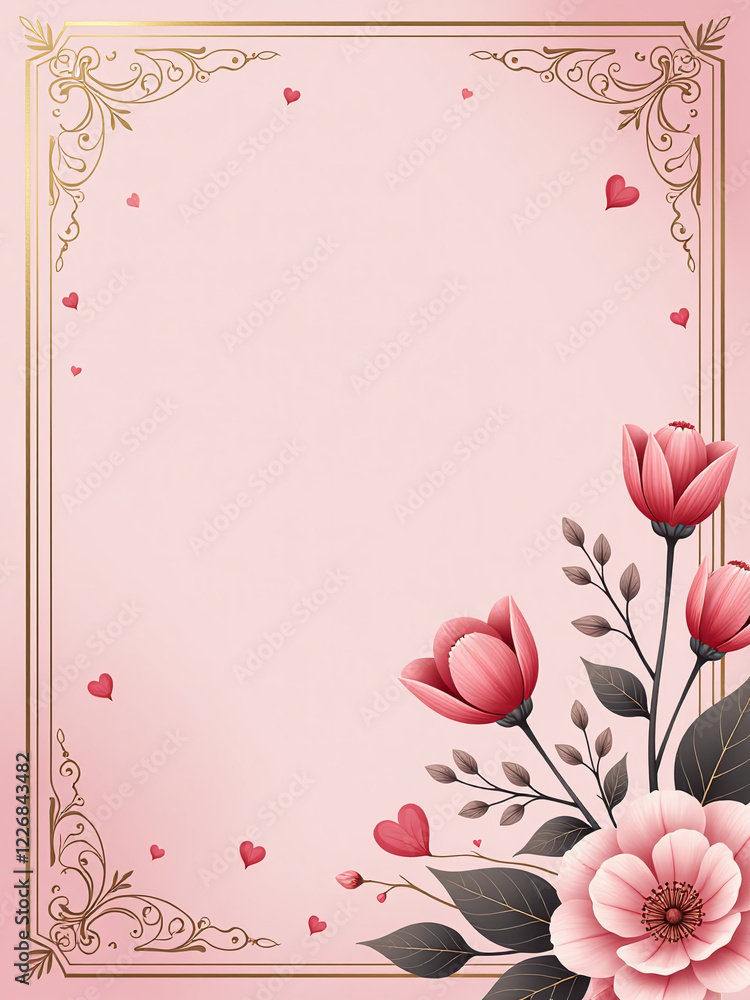 Poster A Heartwarming Design For A Romantic Valentines Card Features A Soft Pink Background With Intricate Floral Patterns And Delicate Golden Accents. 00001