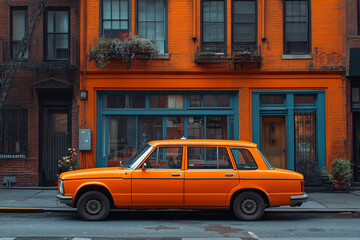 Fototapeta premium Orange Classic Car Parked Beside an Orange Brick Building