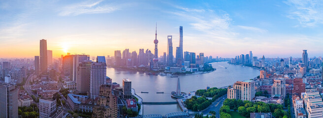 Aerial View of Shanghai skyline at sunrise with the Winding River