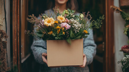A customer happily receives a stunning bouquet of fresh flowers from a flower shop. The vibrant arrangement features roses and seasonal blooms, perfect for any celebration