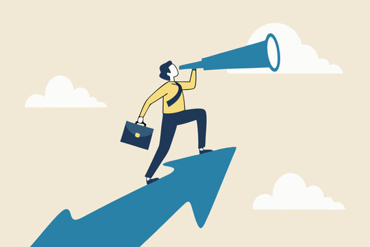Business opportunity or investment and market prediction, future growth or career development vision, profit and earning forecast concept, businessman climb up rising arrow with big telescope spyglass