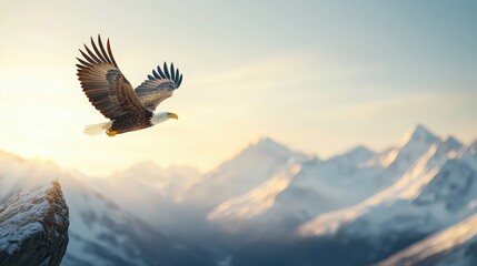 Majestic Bald Eagle in Flight Over Mountain Landscape