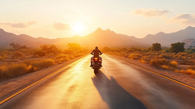 Sunset Motorcycle Ride:  A lone rider enjoys a scenic journey across a golden highway, mountains silhouetted against a vibrant sky, capturing the essence of freedom and adventure.