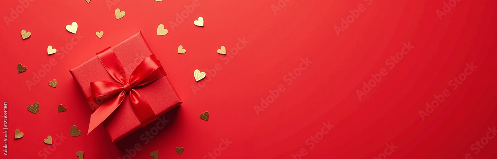 Poster a flat lay design features a gift box wrapped in satin ribbon, surrounded by golden hearts and confe
