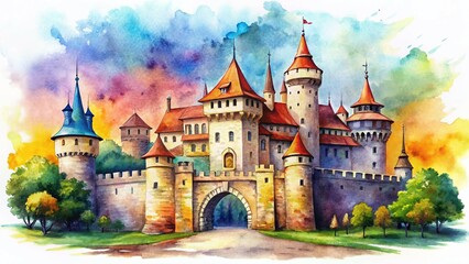 Fototapeta premium Watercolor Castle Fortress, Central Gate, Towers, AI Art