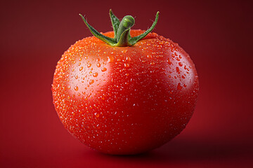 A single ripe red tomato covered in water droplets