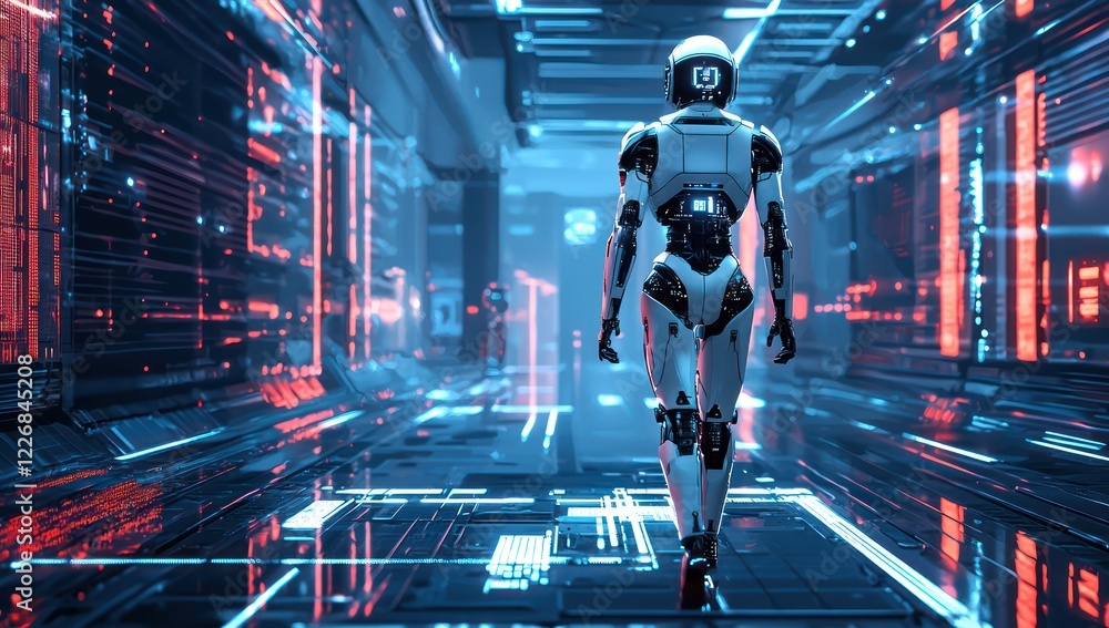 Poster advanced robotics depicted in an illuminated digital setting, showcasing the evolution of technology