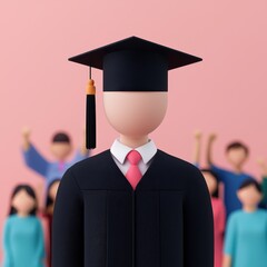 Student memories of graduation ceremony concept. Graduate wearing cap and gown with cheering crowd in background.