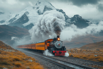 Obraz premium Steam Train Journey Through Majestic Mountain Scenery