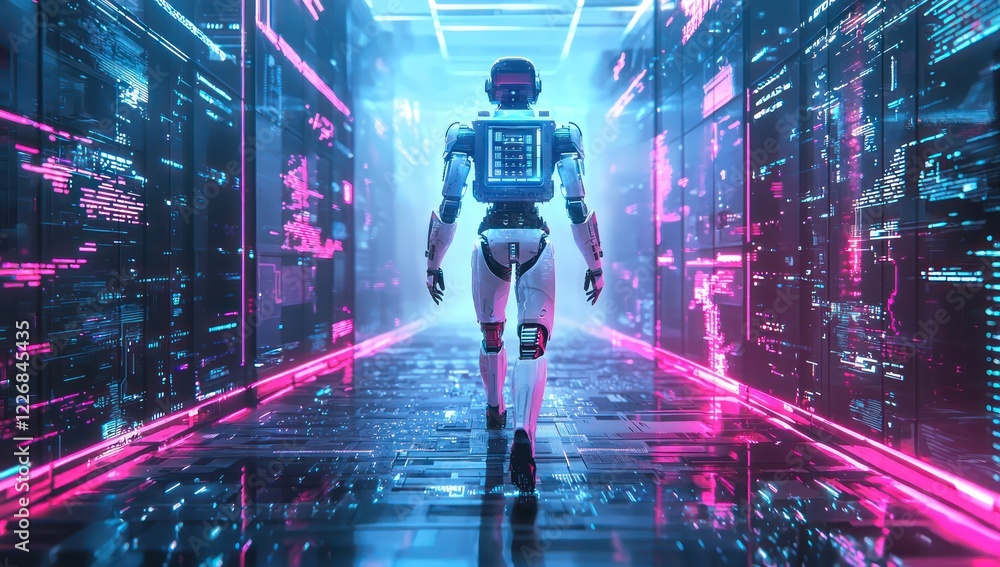 Poster a humanoid machine traversing a vividly lit cyber world, representing the seamless integration of ai