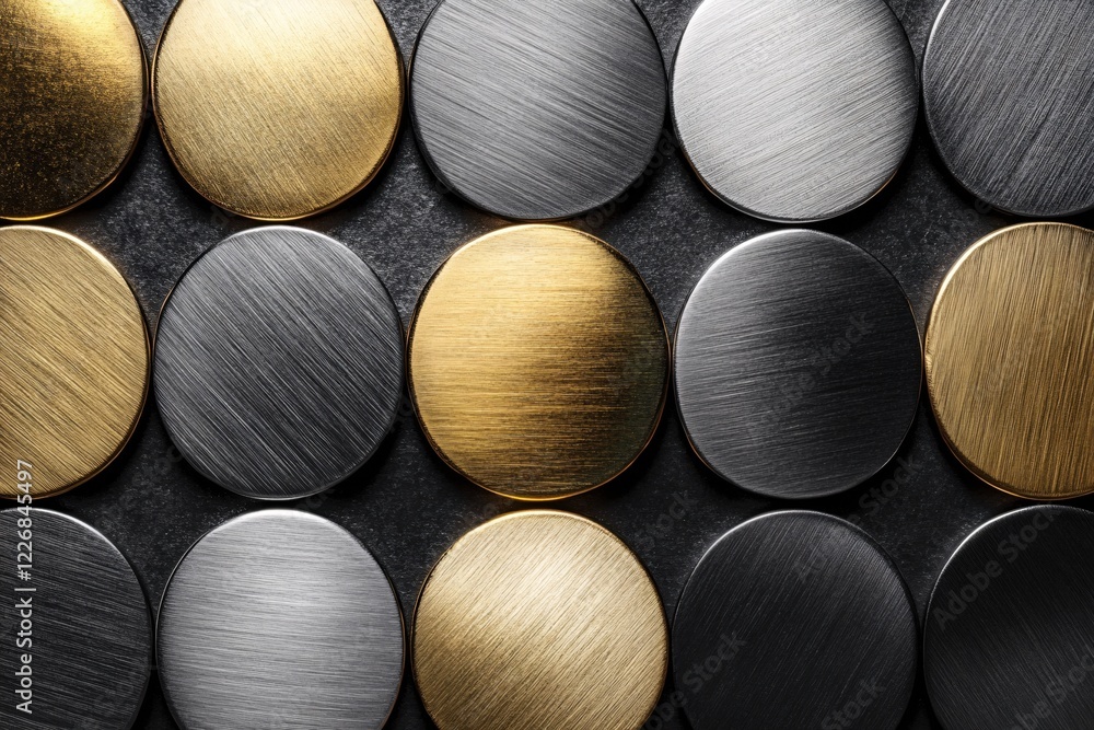 Poster metal circles arranged in pattern with gold and silver color on dark textured background