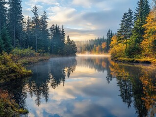 A peaceful river reflecting the surrounding forest, with early morning mist hovering over the water