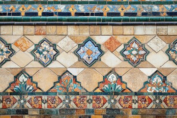 Ornate tile wall, Islamic pattern, exterior building, floral detail, design texture