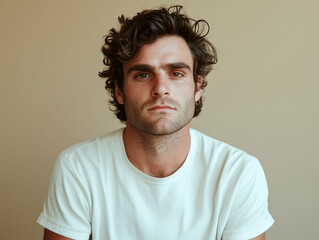Obraz premium Portrait of a young man with curly hair and intense gaze against a neutral background