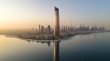 Obraz premium Sunrise over Skyline, a Majestic Skyscraper and Serene Waters Reflecting the Golden Hour