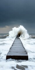 King tides engulfing a pier, emphasizing the power of nature and the impact of climate change on coastal areas.