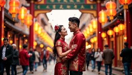Obraz premium Chinese couple in traditional outfits sharing a romantic moment in a festive street filled with lanterns