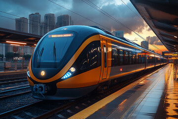Naklejka premium Modern Train Arriving at City Station During Sunset