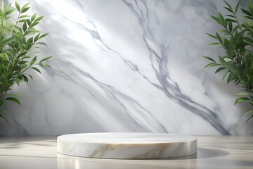 Luxury marble display podium with natural lighting. Elegant round marble podium placed against a white marble wall with soft natural lighting and green plants, perfect for product display