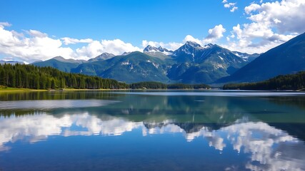 Fototapeta premium Serene mountain lake reflecting a stunning sky and snow-capped peaks under a bright summer sun.