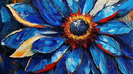 Blue flower impasto painting, close-up detail, garden background, art print