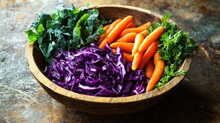 Fresh assortment of vegetables in a wooden bowl, including carrots, purple cabbage, and other salad ingredients.