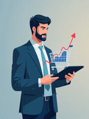 A Businessman Holds A Tablet Displaying A Virtual Graph Chart And A Shopping Cart To Boost Online Sales And Business Growth. 00002