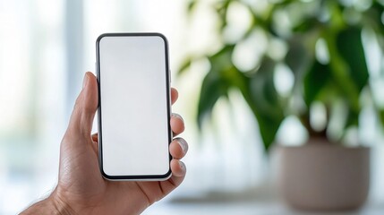 A person holds a smartphone with a blank screen, surrounded by greenery in a bright, indoor setting.