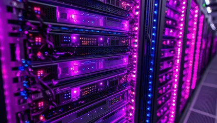Naklejka premium Advanced data center with glowing racks, showcasing futuristic cloud systems and secure data management at full capacity.