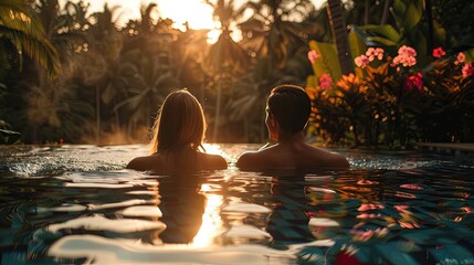 Couple Relaxing in Tropical Pool at Sunset