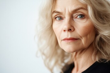 Woman with gray hair and intense gaze, exuding a vintage charm. Her thoughtful expression suggests contemplation or wisdom.