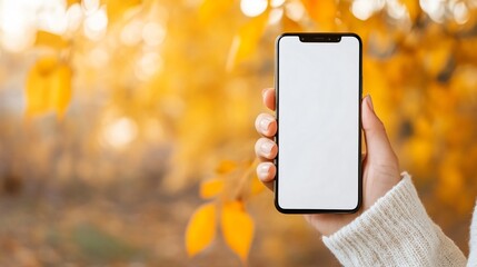 A hand holds a smartphone against a backdrop of warm autumn leaves, showcasing a blank screen ready for personalization or app display.