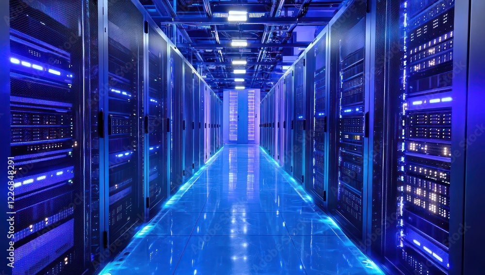 Poster luminous servers glowing in a futuristic data hub, seamlessly integrating with saas platforms to pow