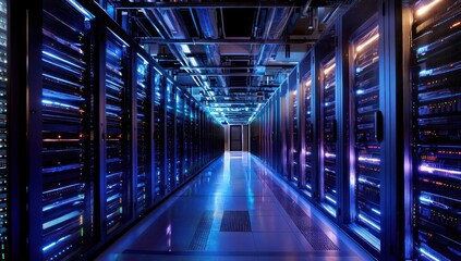 Fototapeta premium Vibrant lights illuminating server arrays in a next-gen data facility, symbolizing SAAS-powered advancements in technology.