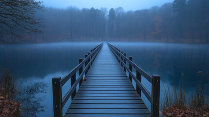 Obraz premium Isolated Bridge Over a Foggy Lake