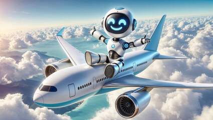 Fototapeta premium Robot sitting on the wing of an airplane in the air